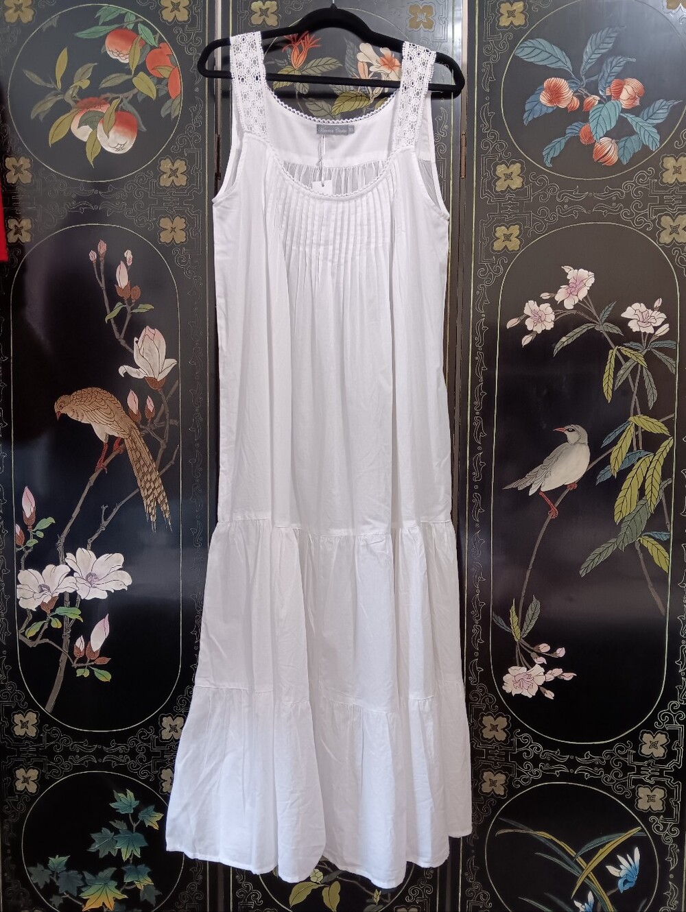 Women's White Sleeveless Cotton Tiered Night Gown with Lace Straps